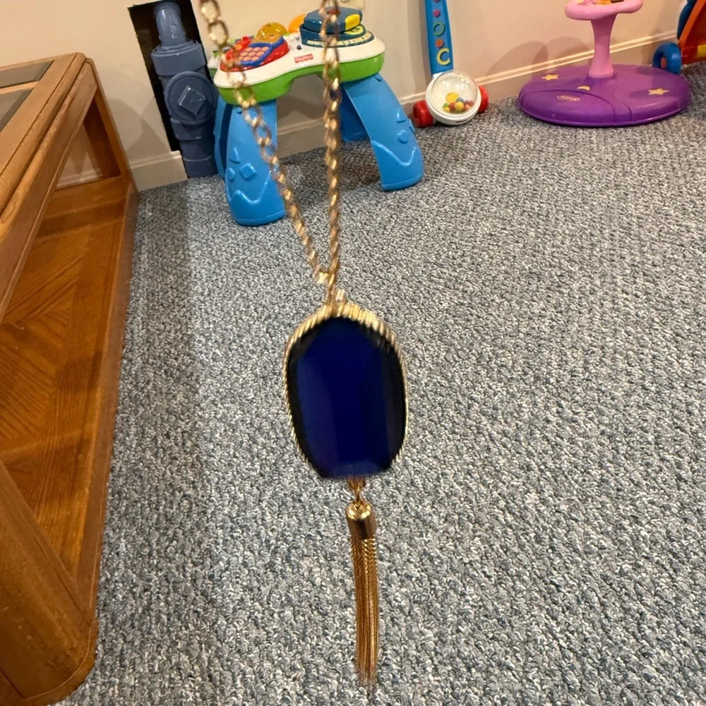 Bright Blue/Gold Necklace 30in Long + Pendant and Tassel - Picture 1 of 8